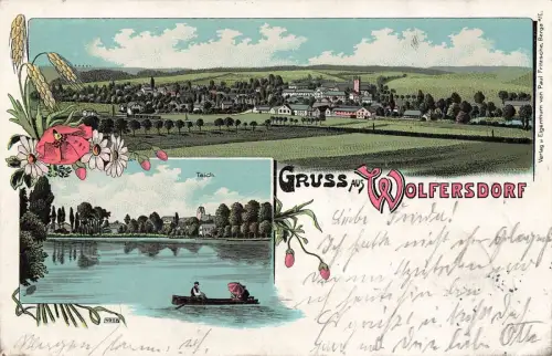 Gruss aus Wolfersdorf Stadtansicht und Teich Thüringen Litho Postkarte AK 1903