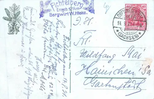 Unterkunftshaus auf dem Fichtelberg 1214 m ü. M. Postkarte AK 1921