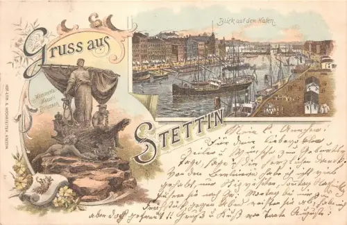 Gruss aus Stettin Blick auf den Hafen Monumental-(Manzel-)Brunnen AK 1898