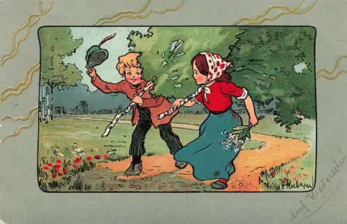 Auf Wiedersehen! Junge Mädchen Hut Bäume Blumen Postkarte AK 1907