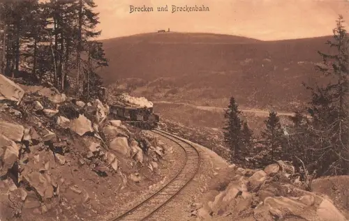Brocken und Brockenbahn Harz Sachsen-Anhalt Postkarte AK