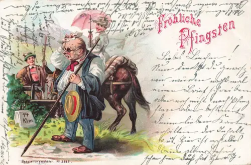 Fröhliche Pfingsten Mann schwitzt Frau Pferd Schirm Postkarte AK 1901