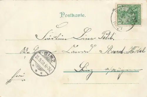 Fröhliche Pfingsten Mann schwitzt Frau Pferd Schirm Postkarte AK 1901