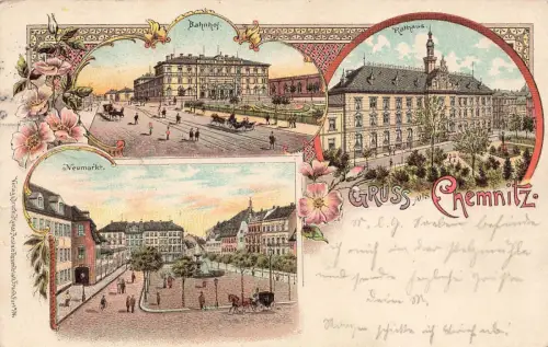 Gruss aus Chemnitz Bahnhof, Rathaus und Neumarkt Sachsen Litho Postkarte AK 1900