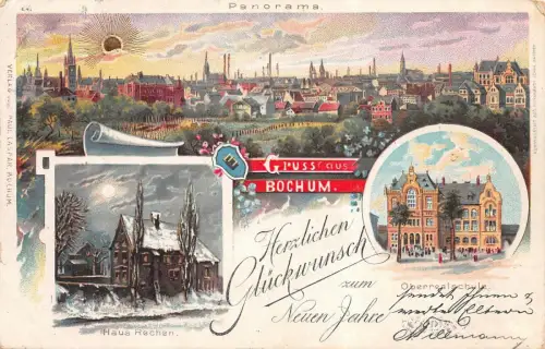 Gruss aus Bochum Panorama Herzl. Glückwunsch zum Neuen Jahre Postkarte AK 1900