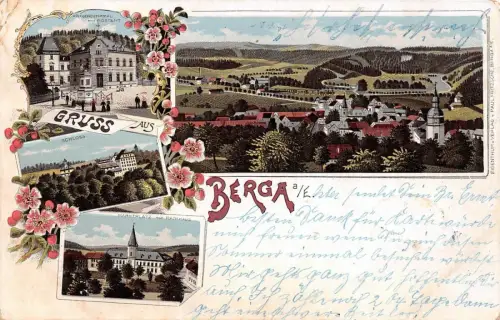 Gruss aus Berga a/E. Schloss Marktplatz Rathaus Kriegerdenkmal Litho AK 1906