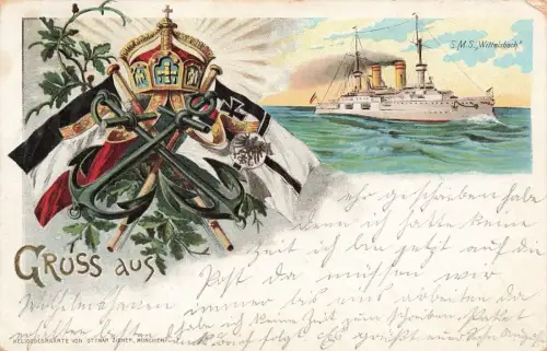 Gruss aus mit S.M.S. Wittelsbach Linienschiff Litho Postkarte AK 1909