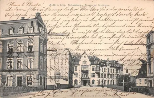 Aue Erzg. Schneeberger Strasse Stadthaus Bahnpost Postkarte 1903