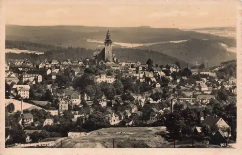 Stadtansicht auf Schneeberg mit Kirche im Erzgebirge Sachsen Postkarte AK 1938