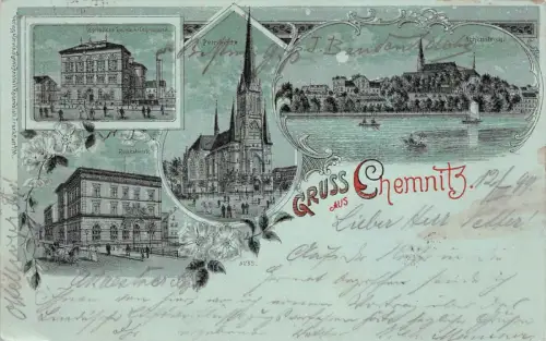 Gruss aus Chemnitz Reichsbank, Kirche Sachsen Mondschein-Litho-Postkarte AK 1899