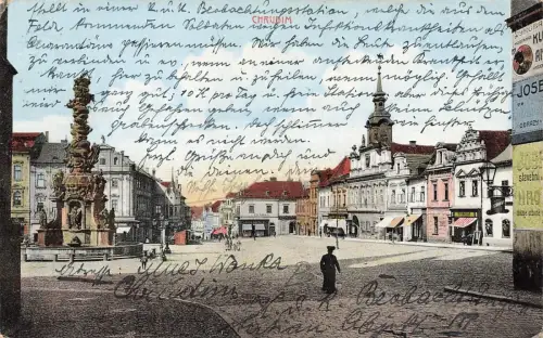 Ansicht Marktplatz und Denkmal in Chrudim Böhmen Postkarte AK 1915