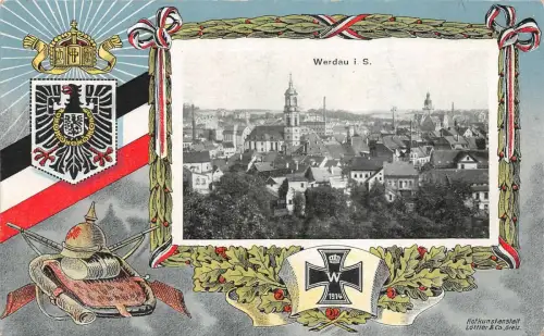 Stadtansicht Werdau mit EK2 und Reichsadler Sachsen Postkarte AK 1910