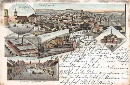 Gruss aus Adorf Vogtland Bahnhof, Marktplatz Litho AK 1897