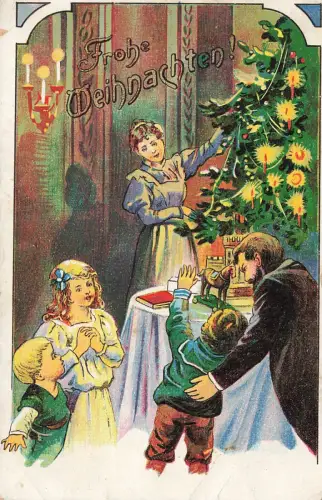 Frohe Weihnachten Tannenbaum Kerzen Familie Geschenke Postkarte AK