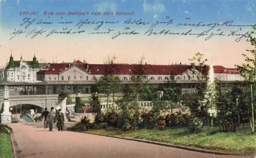 Blick vom Stadtpark nach dem Bahnhof Erfurt Thüringen Postkarte AK 1927