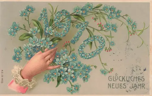 Glückliches Neues Jahr 1910 Blüten blau Hand Postkarte AK 1909