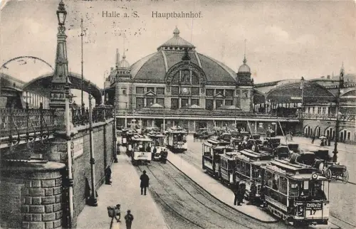 Hauptbahnhof mit Straßenbahn in Halle Sachsen-Anhalt Postkarte AK 1904