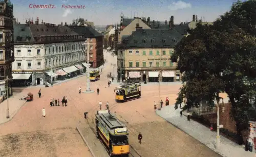 Ansicht Falkeplatz, Straßenbahn in Chemnitz Sachsen Postkarte AK