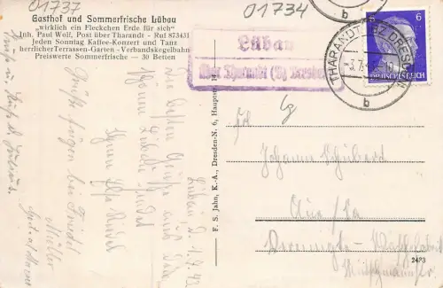 Gasthof und Sommerfrisch Lübau bei Tharandt Sachsen Postkarte AK 1943