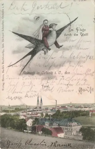 Oelsnitz Vogtland Im Fluge durch die Welt Total Postkarte 1907