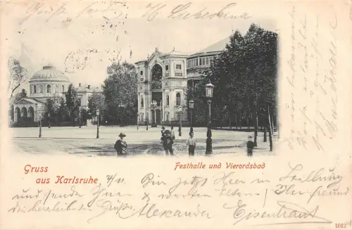 Gruss aus Karlsruhe Festhalle und Vierordsbad Postkarte 1900
