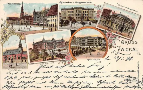 Gruss aus Zwickau mit Landgericht und Marktplatz Sachsen Litho Postkarte AK 1898