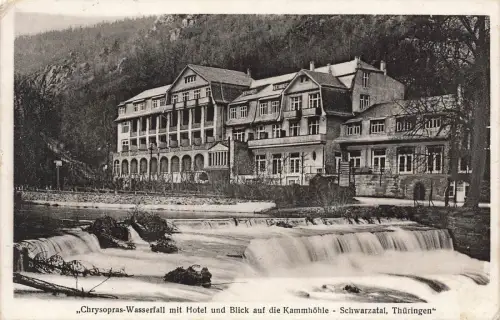 Chrysopras-Wasserfall mit Hotel im Schwarzatal Thüringen Postkarte AK 1923