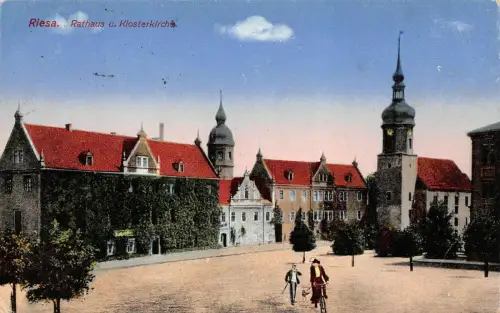 Rathaus und Klosterkirche in Riesa Sachsen Postkarte AK 1918