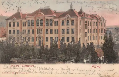Pirna Mittlere Volksschule Postkarte 1902