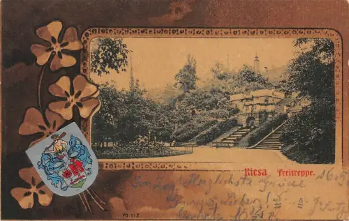 Freitreppe in Riesa Sachsen Wappenkarte Postkarte AK 1903