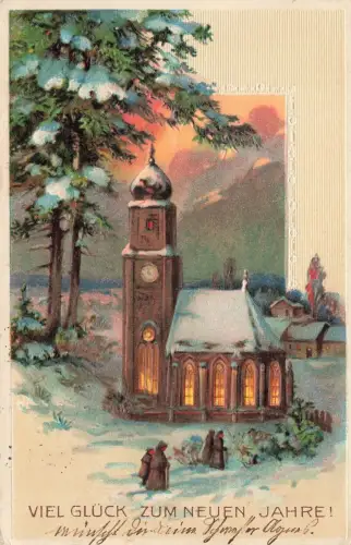 Viel Glück zum neuen Jahre! Kirche Schnee Tannenbäume Postkarte AK 1914
