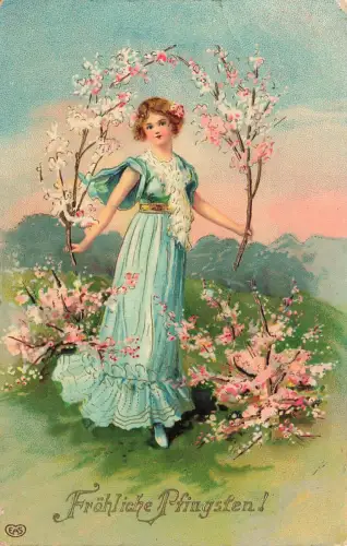 Fröhliche Pfingsten Blüten Berge Landschaft Mädchen Kleid Postkarte AK