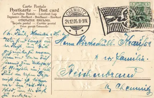 Frohes Weihnachtsfest Glockenturm AK geprägt Chemnitz 1905