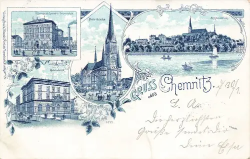 Lehranstalt, Petrikirche und Reichsbank Chemnitz Sachsen Litho Postkarte AK 1902
