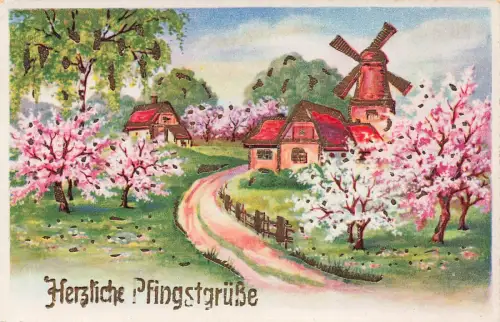 Herzliche Pfingstgrüße Windmühle blühende Bäume Idylle Postkarte AK