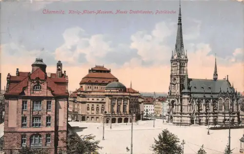 Chemnitz Sachsen König Albert-Museum Neues Stadttheater Petrikirche AK 1912