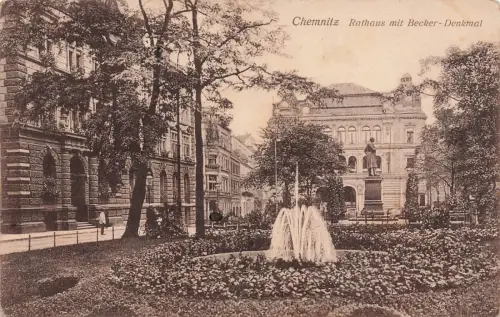 Rathaus mit Becker-Denkmal Chemnitz Sachsen Postkarte AK 1916