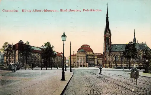 König Albert-Museum, Theater, Petrikirche Chemnitz Sachsen Postkarte AK 1916