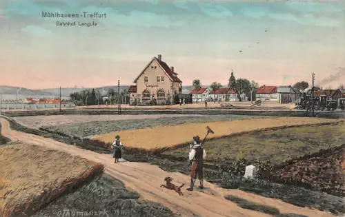 Bahnhof Langula in Treffurt Künstlerkarte Thomasizek Thüringen AK bunt