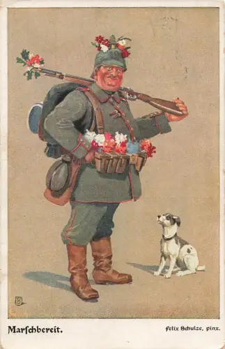 Marschbereit Soldat Hund, Blumen, Gewehr, Nr. 12 Felix Schulze Postkarte AK 1917