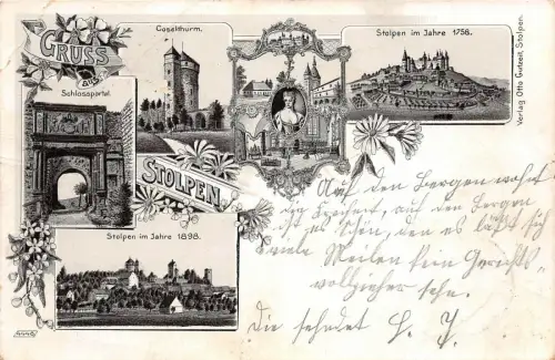 Gruss aus Stolpen Schlossportal Coselthurm Litho AK 1901