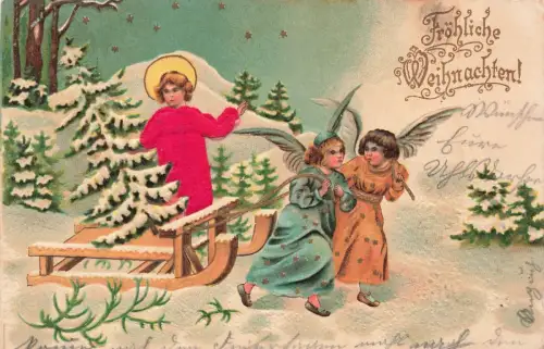 Weihnachten Engel mit Schlitten Postkarte 1903 geprägt