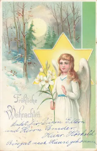 Fröhliche Weihnachten Vollmond Stern Engelskind Flügel Blume Postkarte AK 1903