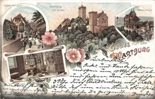 Gruss von der Wartburg Erster Hofraum Restauration Litho Postkarte AK 1897