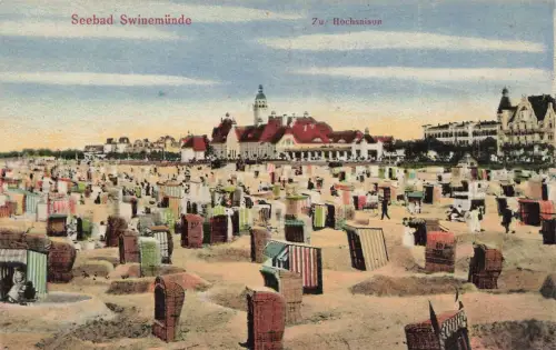 Strandleben zur Hochsaison Ostseebad Swinemünde Pommern Postkarte AK