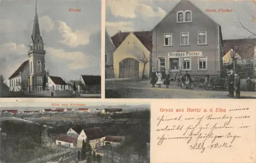 Gruss aus Boritz a. d. Elbe Kirche Hermann Fischer AK 1908