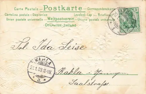 Herzlichen Glückwunsch Spinne Spinnennetz Kleeblatt Blumen Postkarte AK 1903