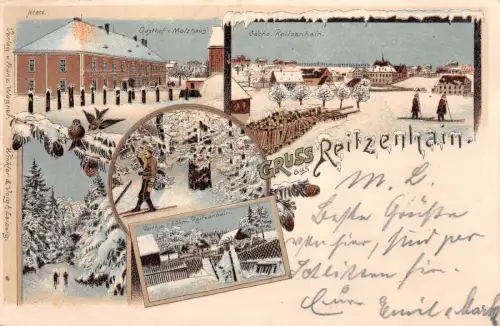 Gruss aus Reitzenhain Gasthof z. Malzhaus Erzgeb. Winter Litho Postkarte AK 1900