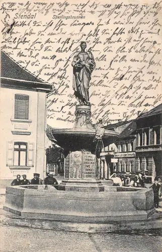 Stendal Kinder mit Frauen am Sperlingsbrunnen Postkarte 1906