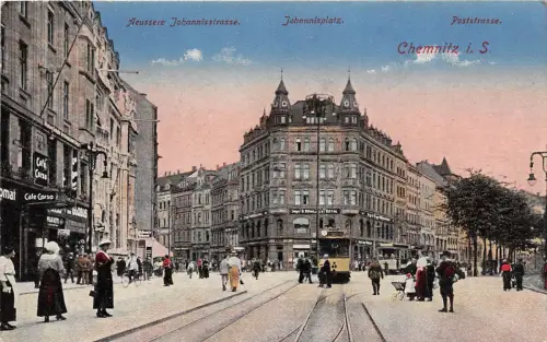 Chemnitz Sachsen Johannisstrasse, Poststrasse Geschäfte Strassenbahn Postkarte